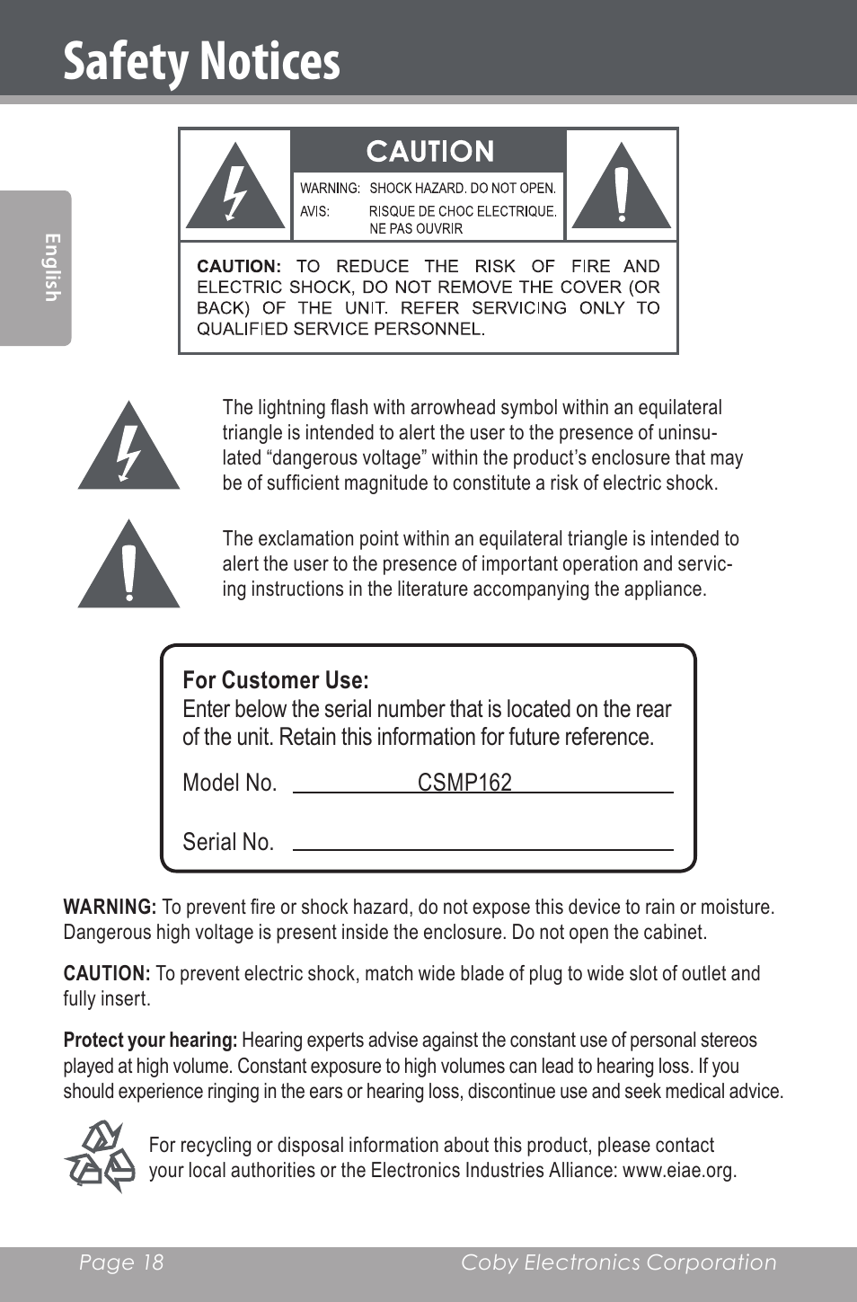 Safety notices | COBY electronic CSMP162 User Manual | Page 18 / 68
