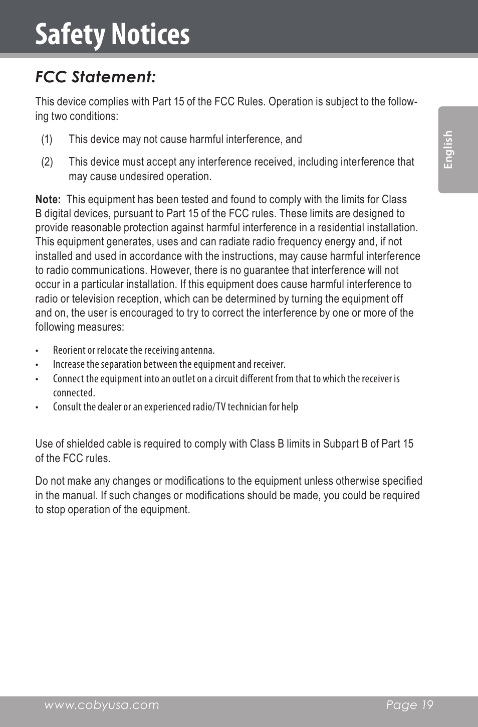 Safety notices, Fcc statement | COBY electronic CSMP162 User Manual | Page 19 / 68