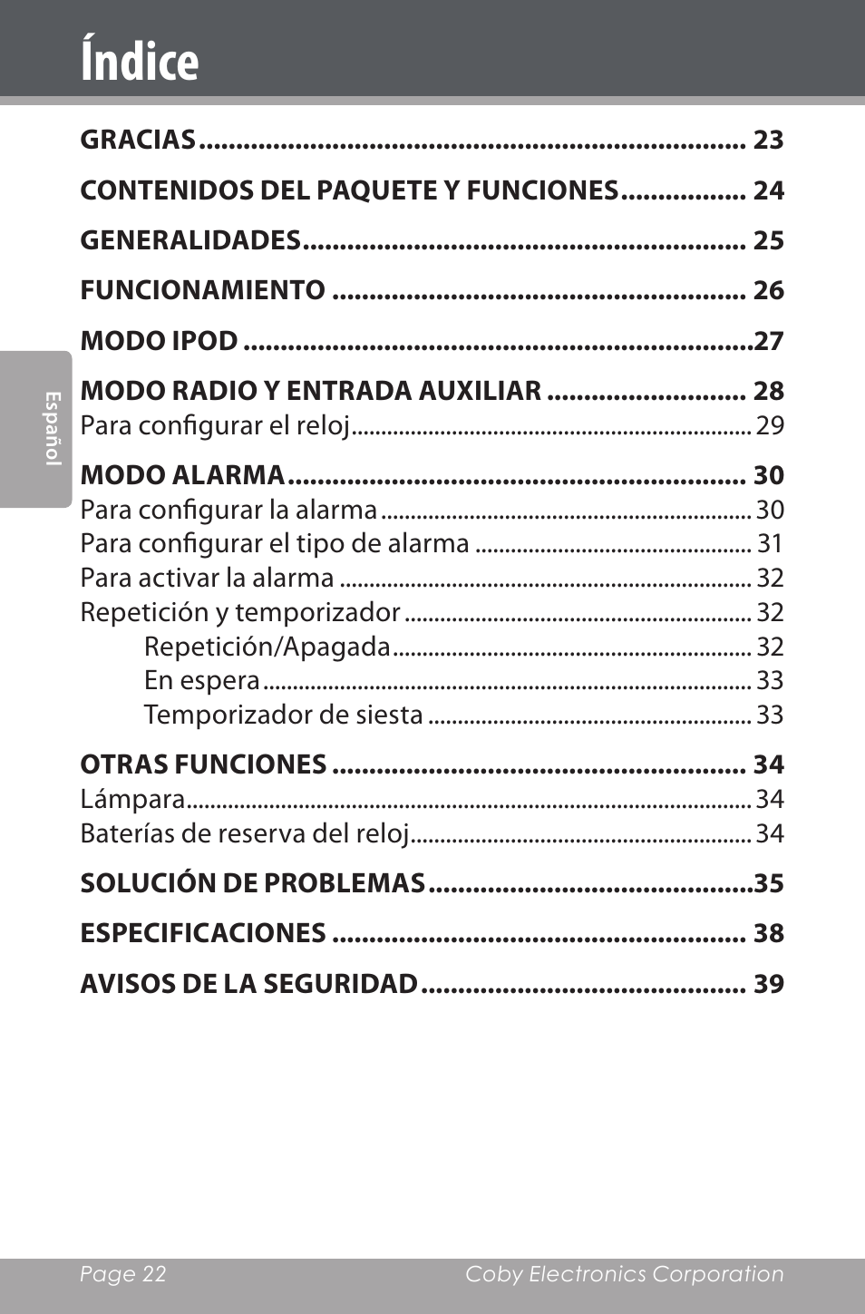 Índice | COBY electronic CSMP162 User Manual | Page 22 / 68