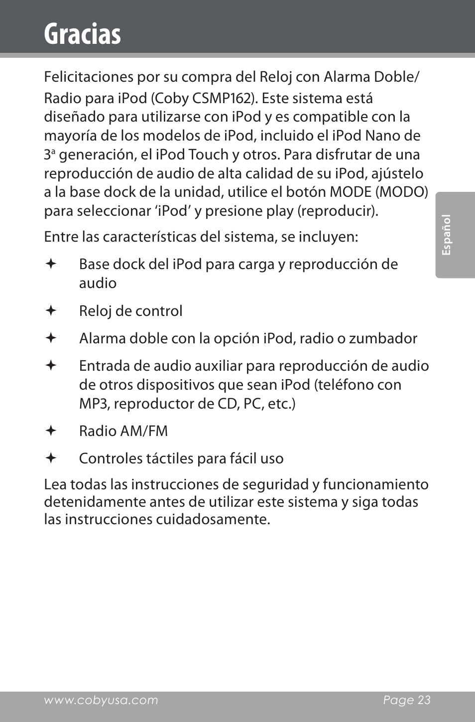 Gracias | COBY electronic CSMP162 User Manual | Page 23 / 68