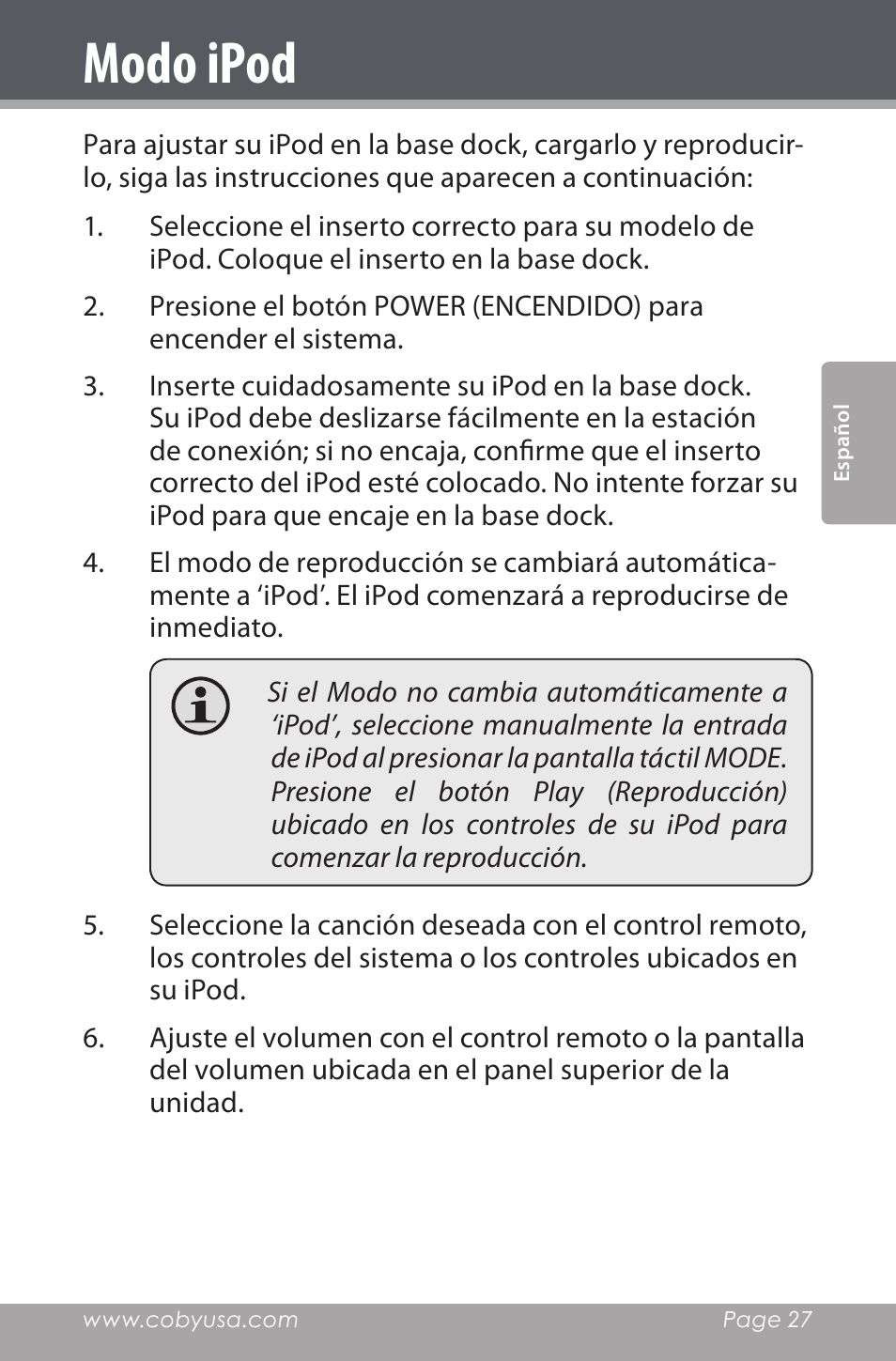 Modo ipod | COBY electronic CSMP162 User Manual | Page 27 / 68