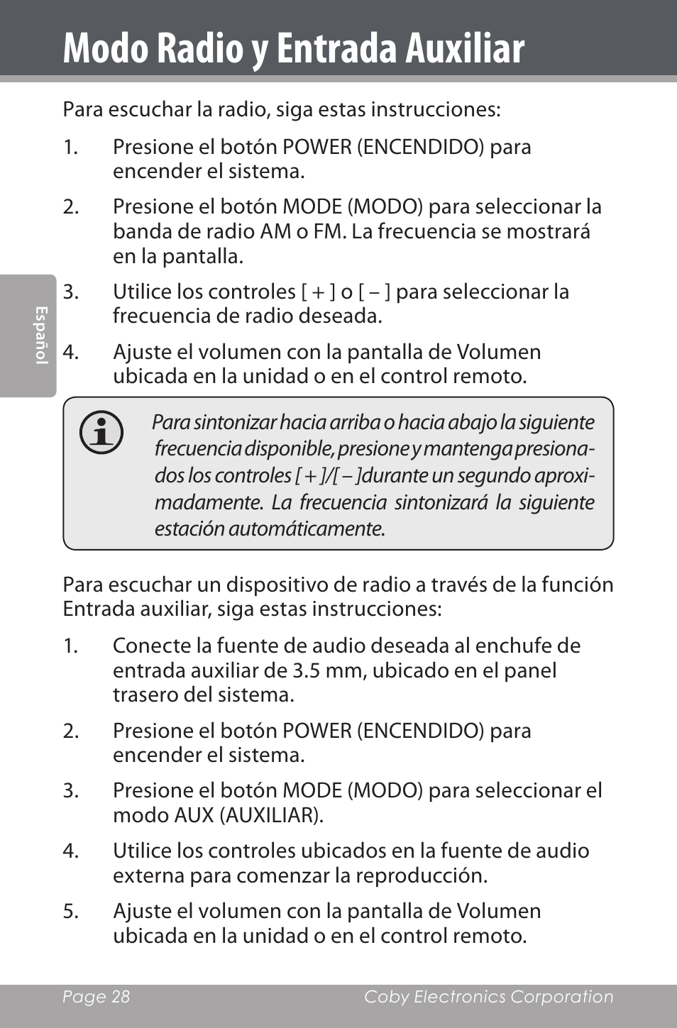 Modo radio y entrada auxiliar | COBY electronic CSMP162 User Manual | Page 28 / 68