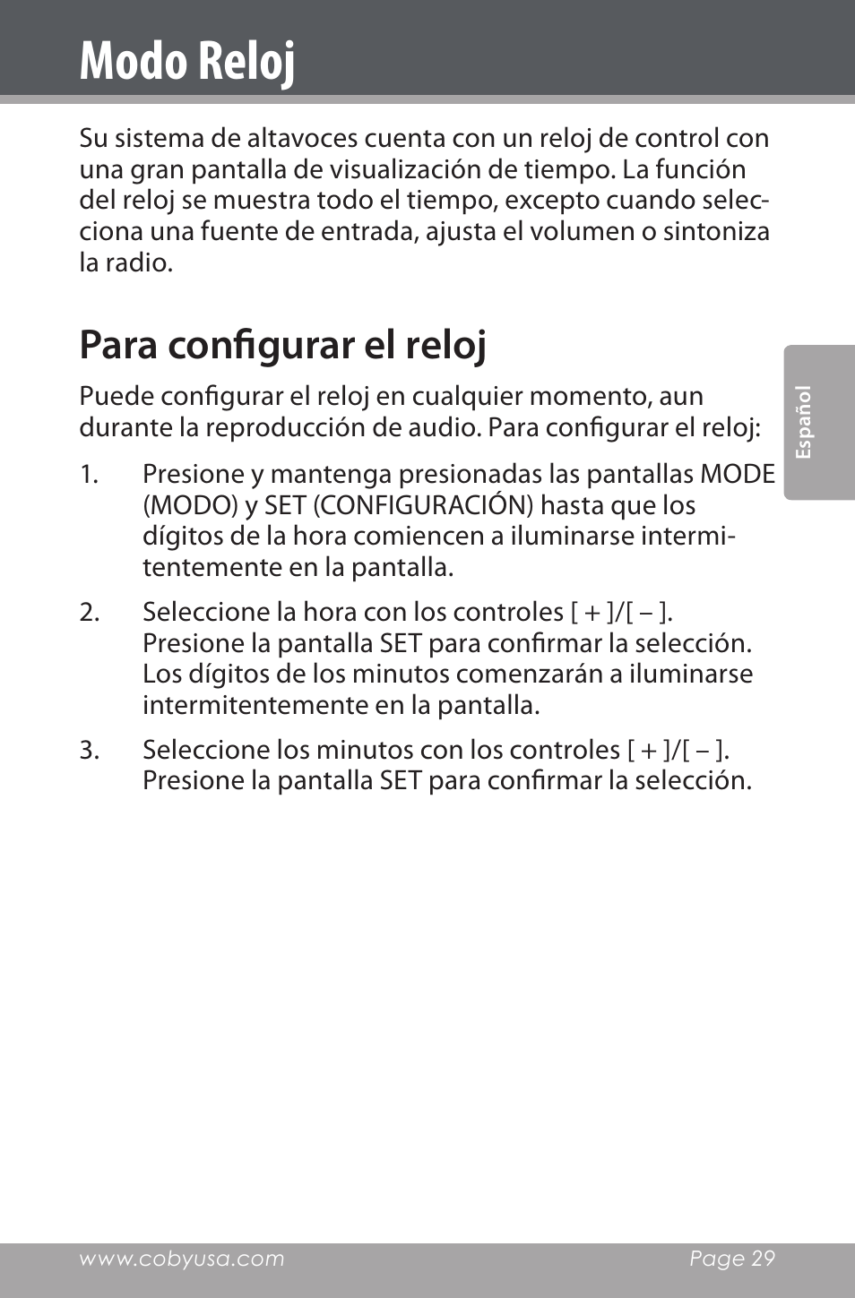 Para configurar el reloj, Modo reloj | COBY electronic CSMP162 User Manual | Page 29 / 68