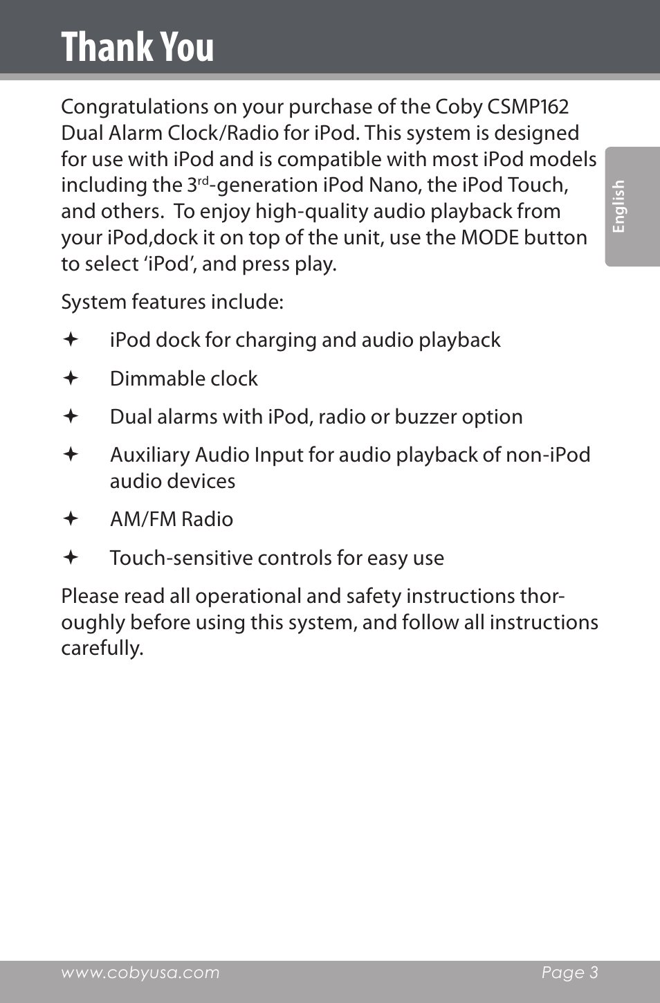 Thank you | COBY electronic CSMP162 User Manual | Page 3 / 68