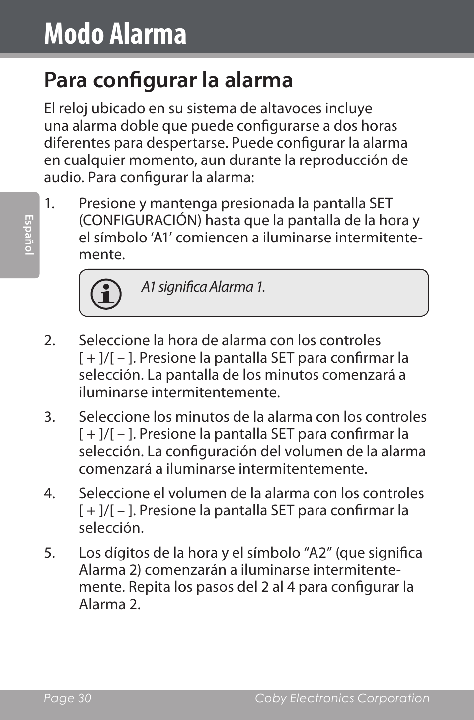 Modo alarma, Para configurar la alarma | COBY electronic CSMP162 User Manual | Page 30 / 68