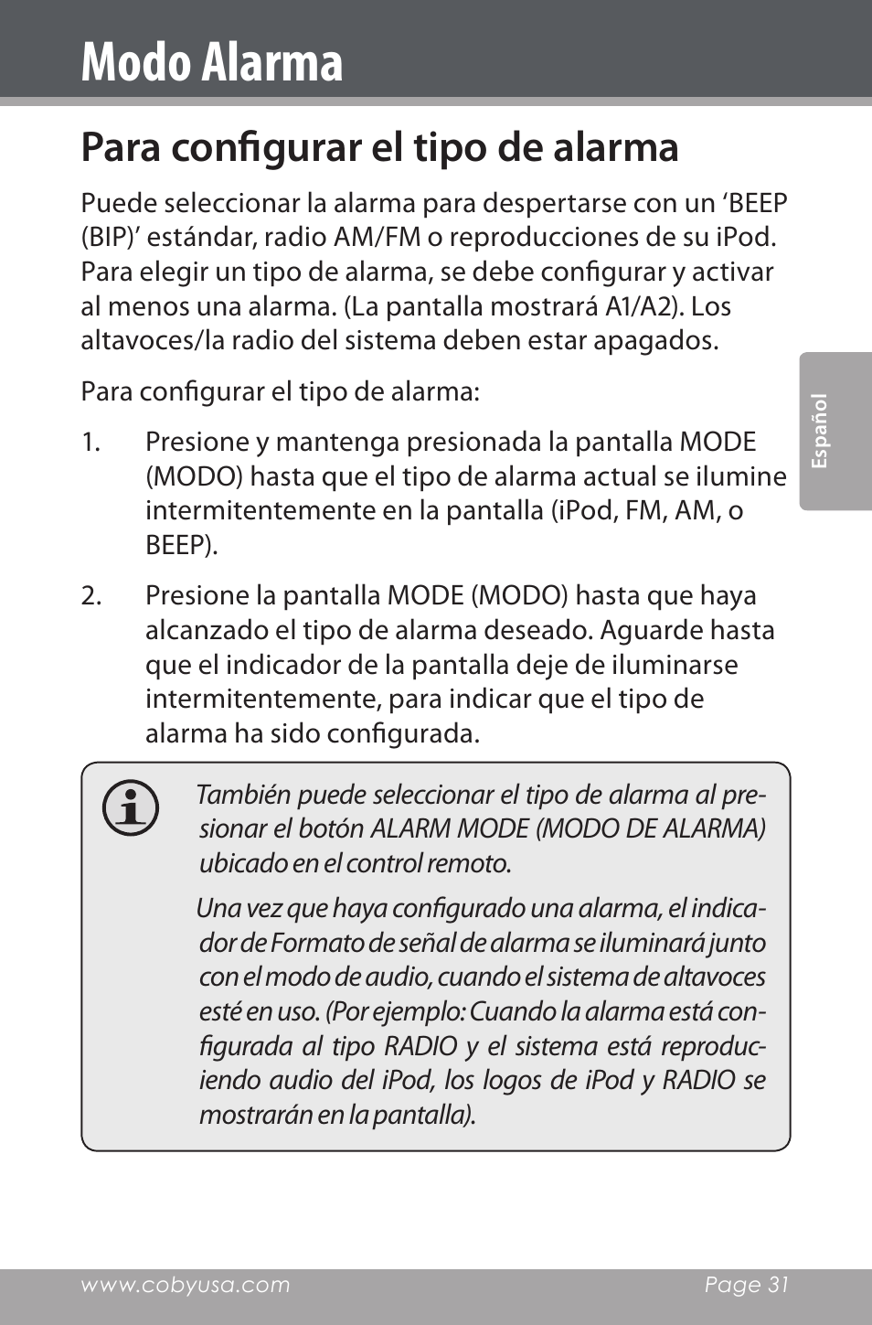 Para configurar el tipo de alarma, Modo alarma | COBY electronic CSMP162 User Manual | Page 31 / 68