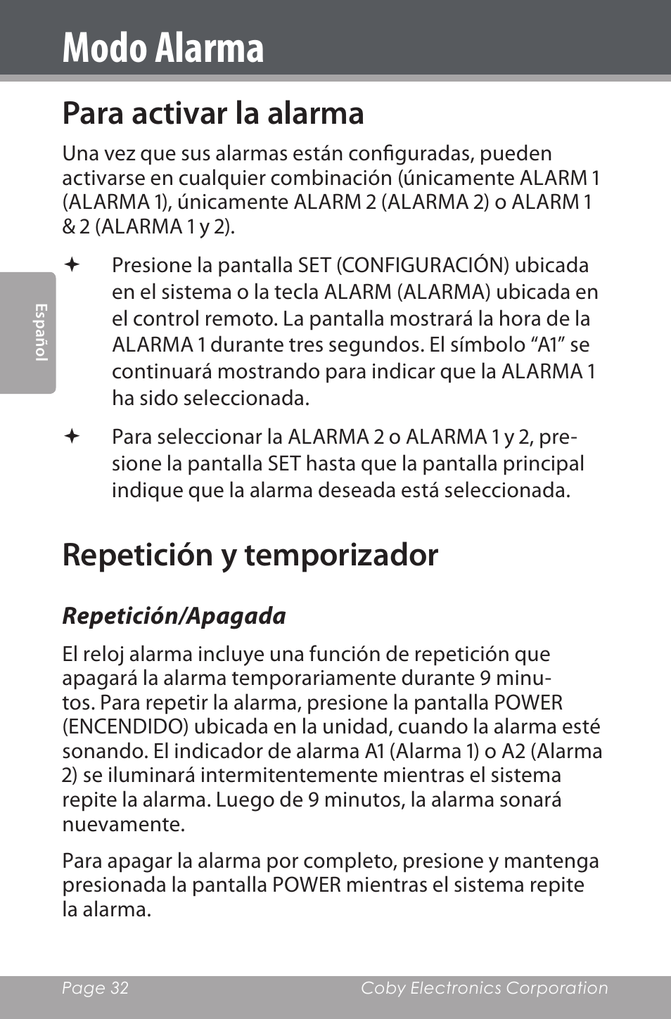 Para activar la alarma, Repetición y temporizador, Repetición/apagada | Modo alarma | COBY electronic CSMP162 User Manual | Page 32 / 68