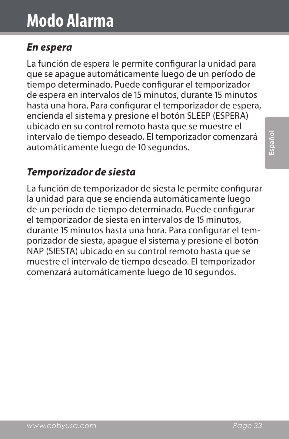 En espera, Temporizador de siesta, Modo alarma | COBY electronic CSMP162 User Manual | Page 33 / 68