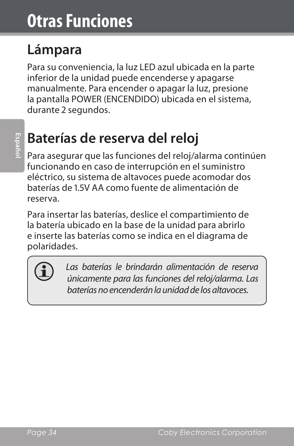 Otras funciones, Lámpara, Baterías de reserva del reloj | COBY electronic CSMP162 User Manual | Page 34 / 68