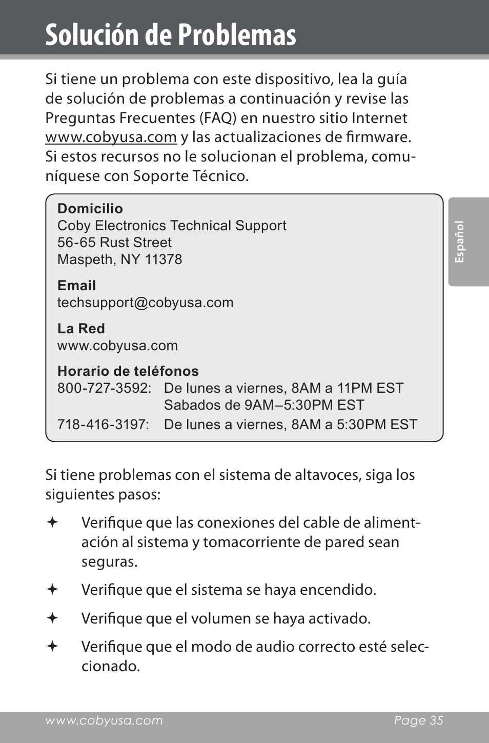 Solución de problemas | COBY electronic CSMP162 User Manual | Page 35 / 68