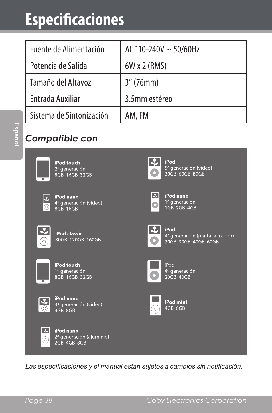 Especificaciones | COBY electronic CSMP162 User Manual | Page 38 / 68