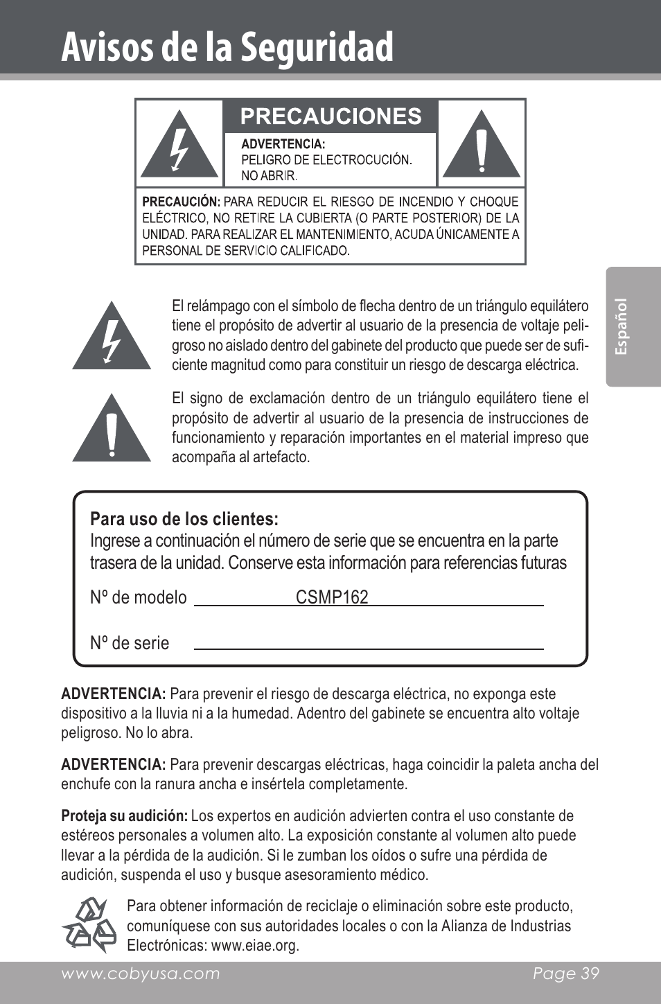 Avisos de la seguridad | COBY electronic CSMP162 User Manual | Page 39 / 68