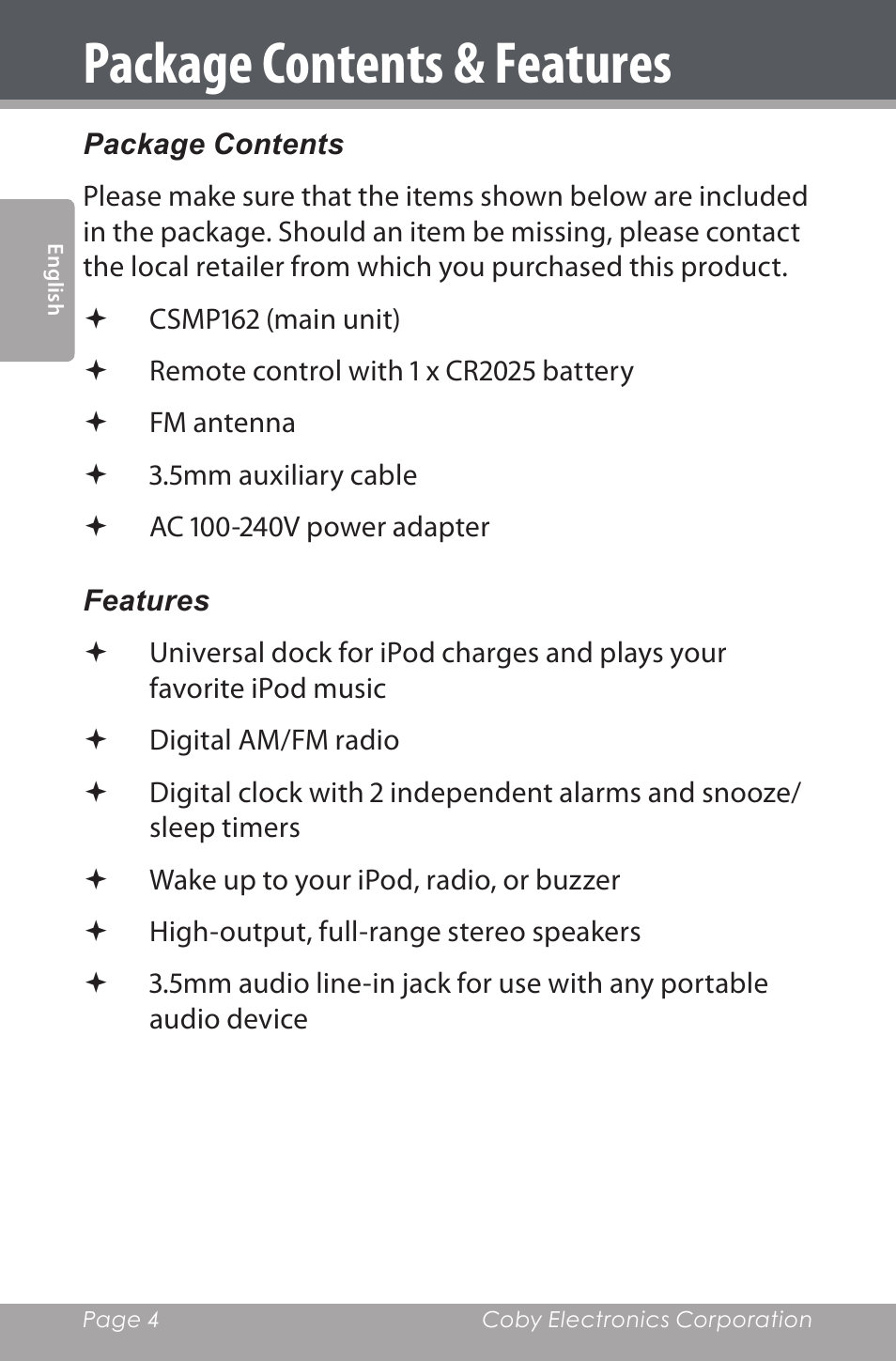 Package contents & features | COBY electronic CSMP162 User Manual | Page 4 / 68