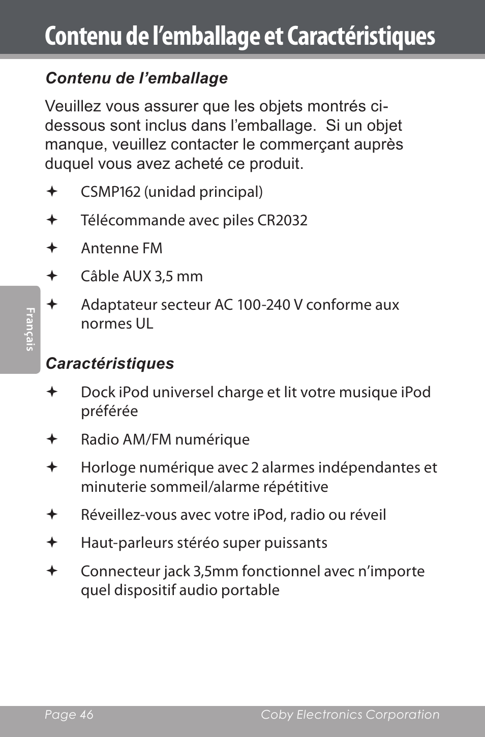 Contenu de l’emballage et caractéristiques | COBY electronic CSMP162 User Manual | Page 46 / 68