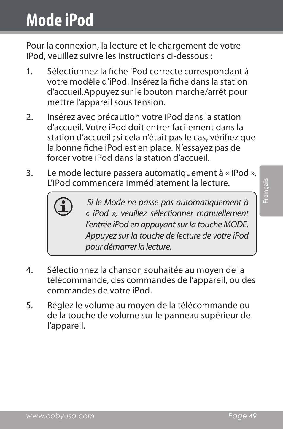 Mode ipod | COBY electronic CSMP162 User Manual | Page 49 / 68