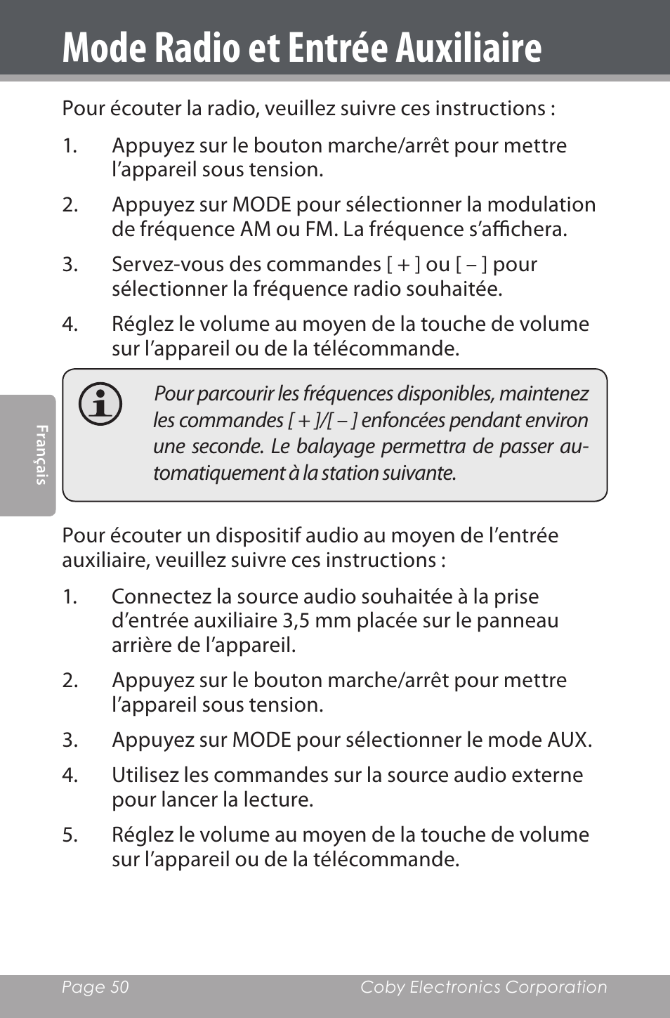 Mode radio et entrée auxiliaire | COBY electronic CSMP162 User Manual | Page 50 / 68