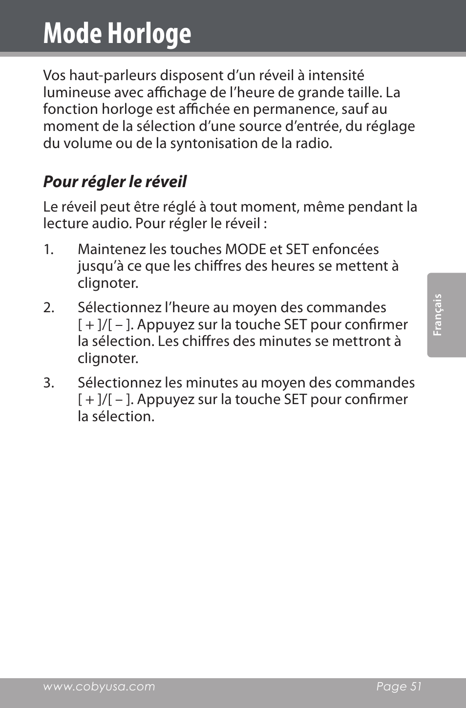 Mode horloge, Pour régler le réveil | COBY electronic CSMP162 User Manual | Page 51 / 68