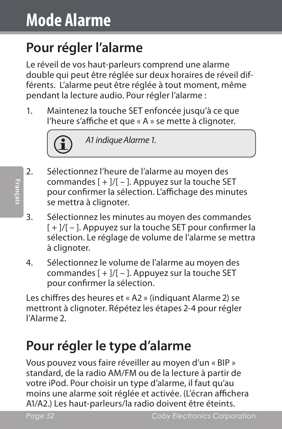 Mode alarme, Pour régler l’alarme, Pour régler le type d’alarme | COBY electronic CSMP162 User Manual | Page 52 / 68