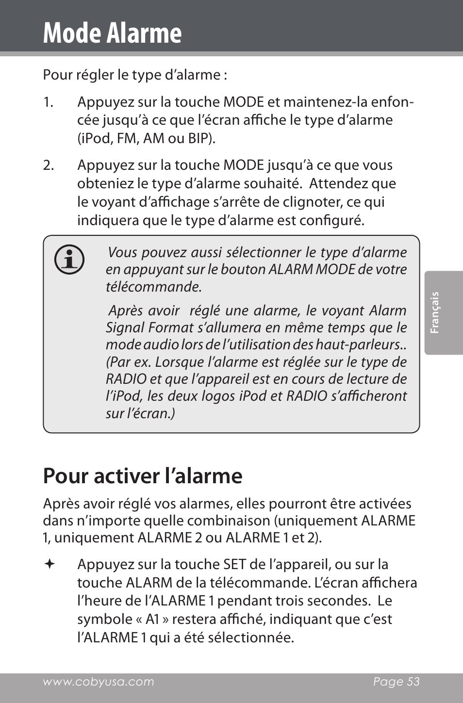 Pour activer l’alarme, Mode alarme | COBY electronic CSMP162 User Manual | Page 53 / 68