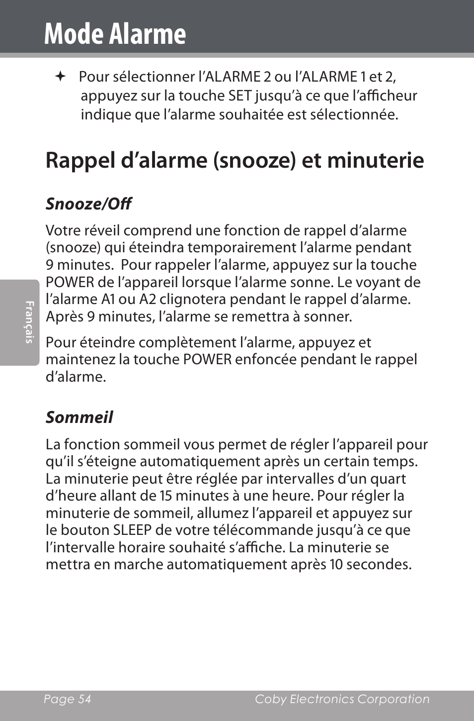 Rappel d’alarme (snooze) et minuterie, Snooze/off, Sommeil | Mode alarme | COBY electronic CSMP162 User Manual | Page 54 / 68