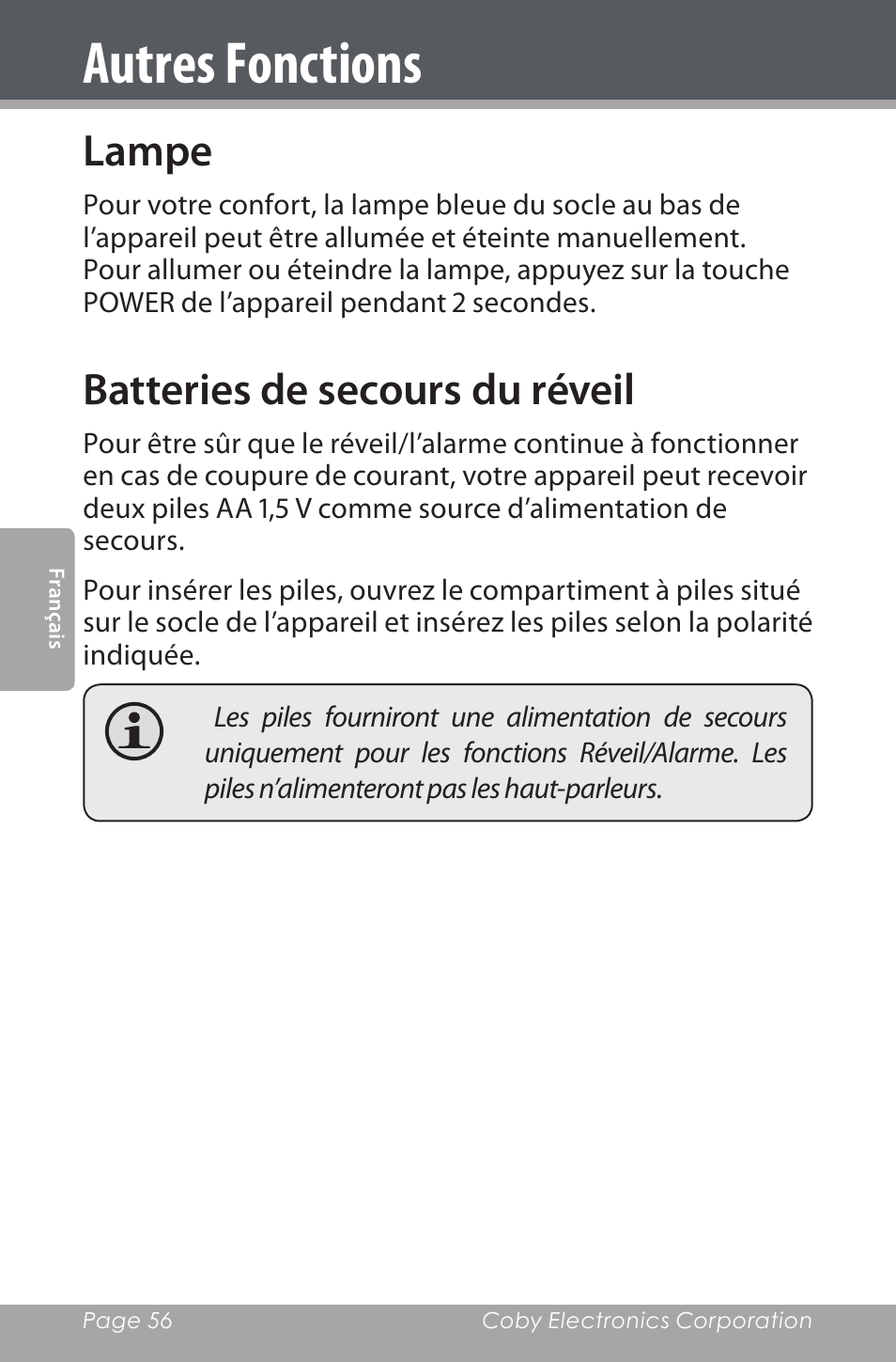 Autres fonctions, Lampe, Batteries de secours du réveil | COBY electronic CSMP162 User Manual | Page 56 / 68