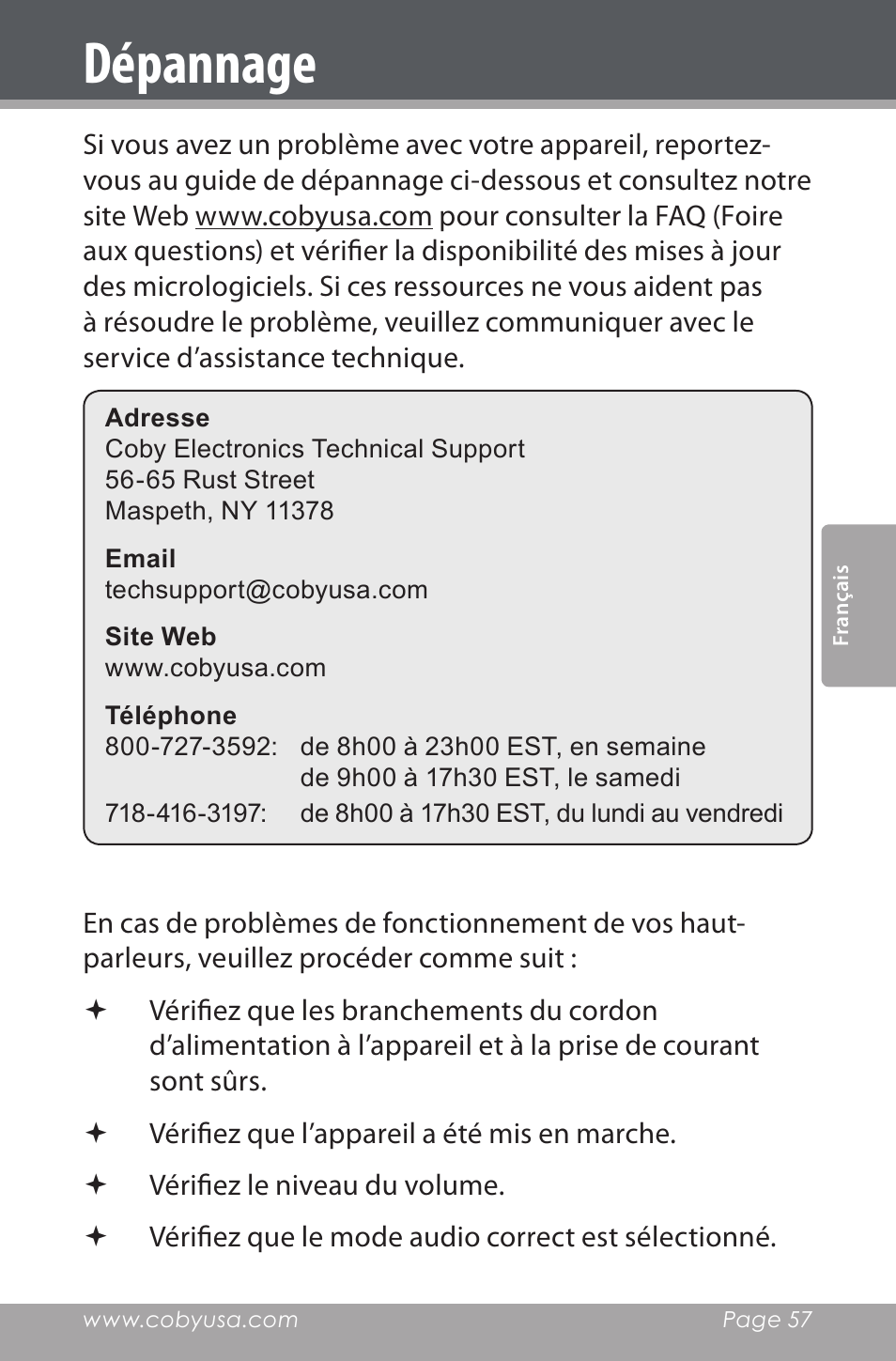 Dépannage | COBY electronic CSMP162 User Manual | Page 57 / 68