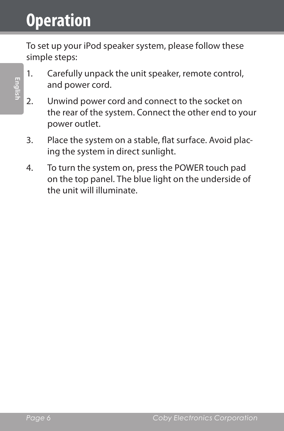 Operation | COBY electronic CSMP162 User Manual | Page 6 / 68