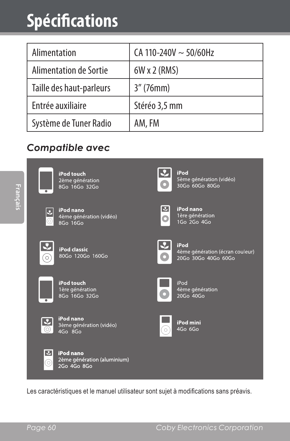 Spécifications | COBY electronic CSMP162 User Manual | Page 60 / 68
