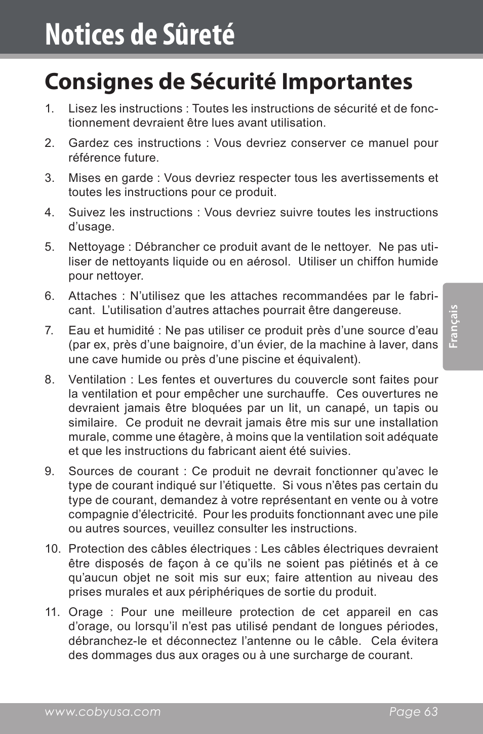 Notices de sûreté, Consignes de sécurité importantes | COBY electronic CSMP162 User Manual | Page 63 / 68