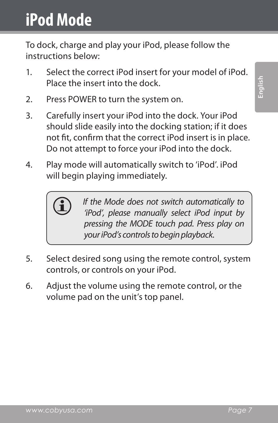 Ipod mode | COBY electronic CSMP162 User Manual | Page 7 / 68