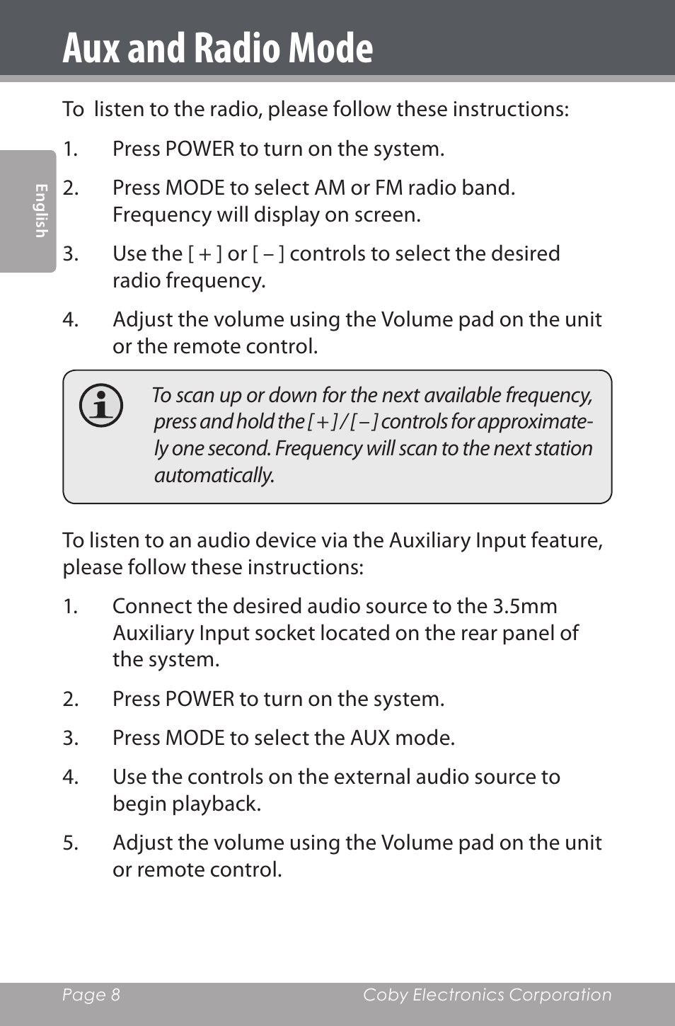 Aux and radio mode | COBY electronic CSMP162 User Manual | Page 8 / 68