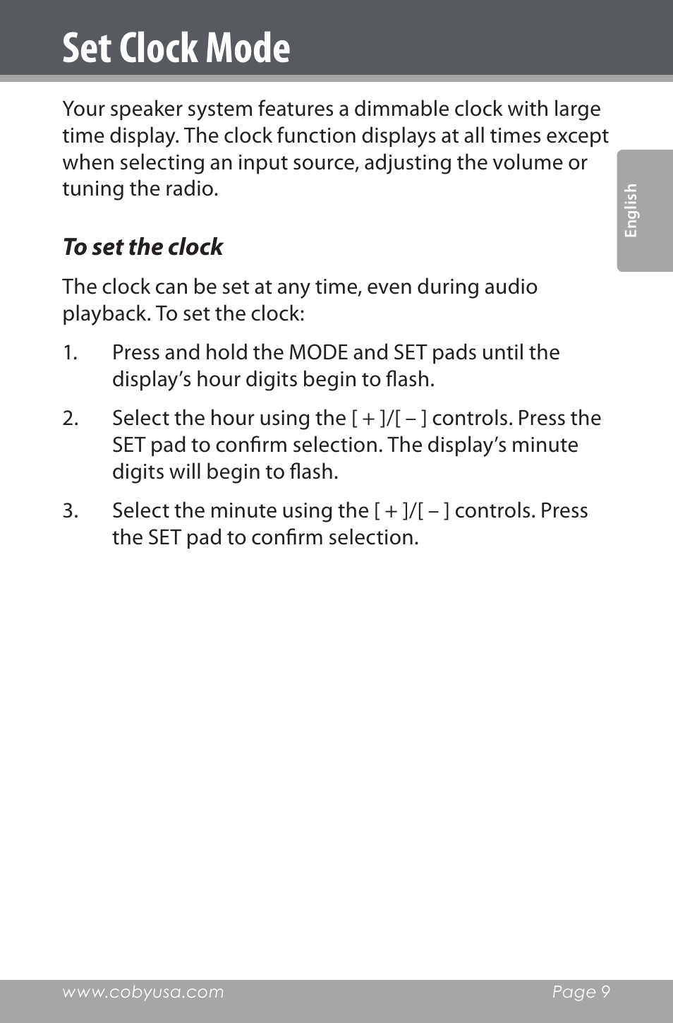 Set clock mode | COBY electronic CSMP162 User Manual | Page 9 / 68