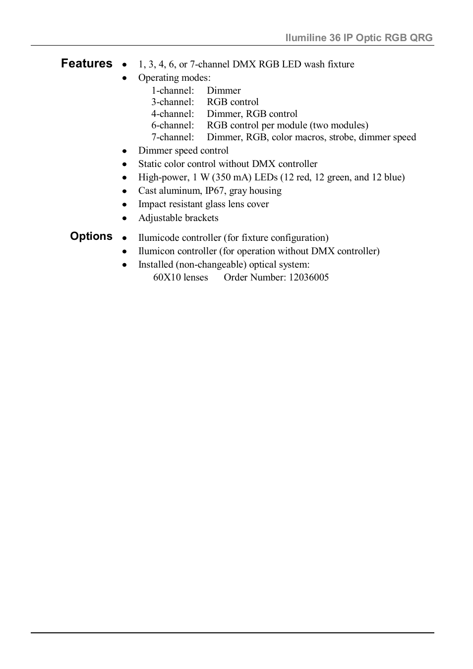 Features, Options | ILUMINARC Ilumiline™ 36 IP User Manual | Page 3 / 12