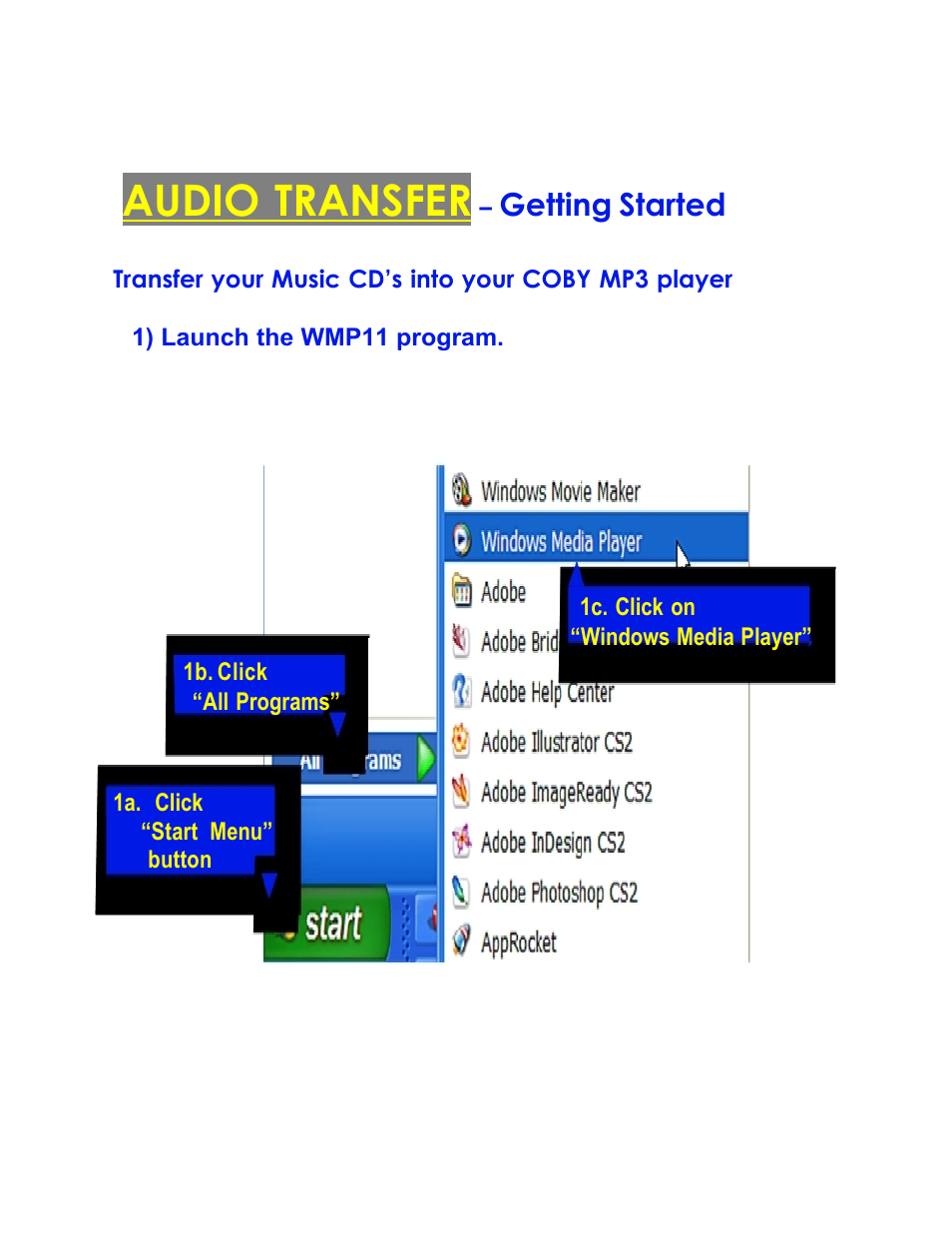 Audio transfer, Getting started | COBY electronic MPC945 User Manual | Page 2 / 12