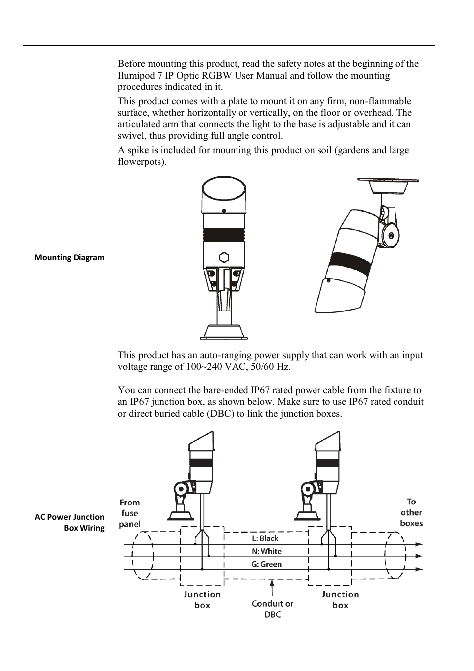 Mounting, Ac power, Power wiring | ILUMINARC Ilumipod™ 7 IP User Manual | Page 3 / 8