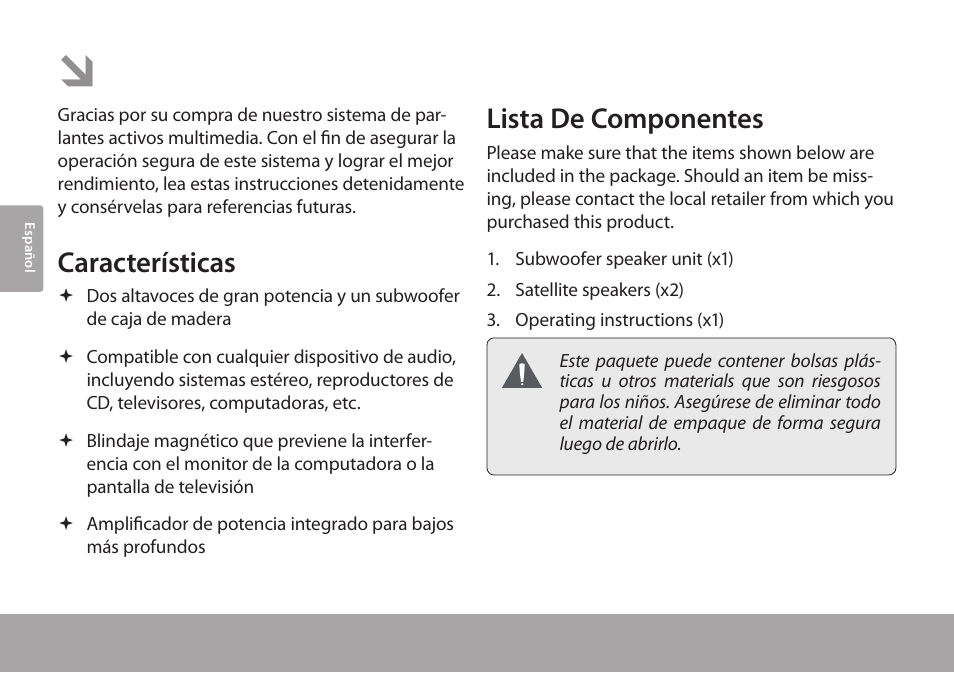 Muchas gracias, Características, Lista de componentes | COBY electronic CSMP67 User Manual | Page 16 / 41