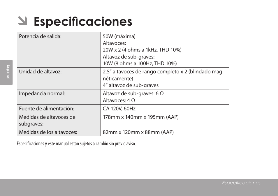 Especificaciones | COBY electronic CSMP67 User Manual | Page 20 / 41