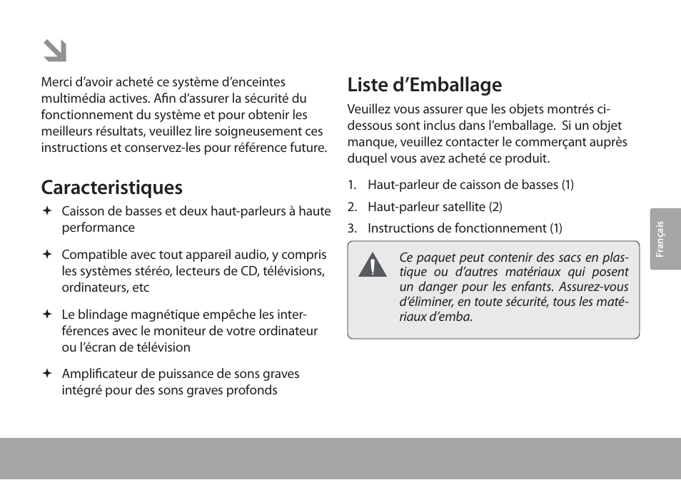 Merci, Caracteristiques, Liste d’emballage | COBY electronic CSMP67 User Manual | Page 29 / 41