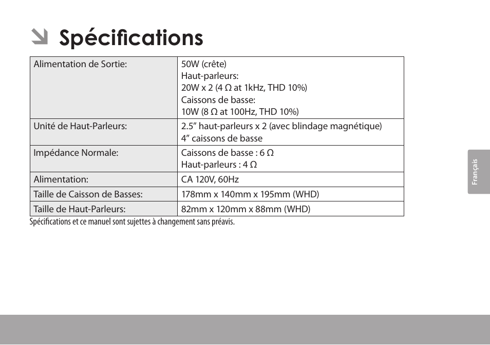 Spécifications | COBY electronic CSMP67 User Manual | Page 33 / 41