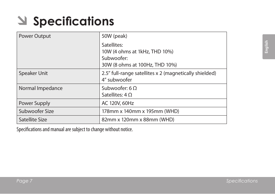 Specifications | COBY electronic CSMP67 User Manual | Page 7 / 41