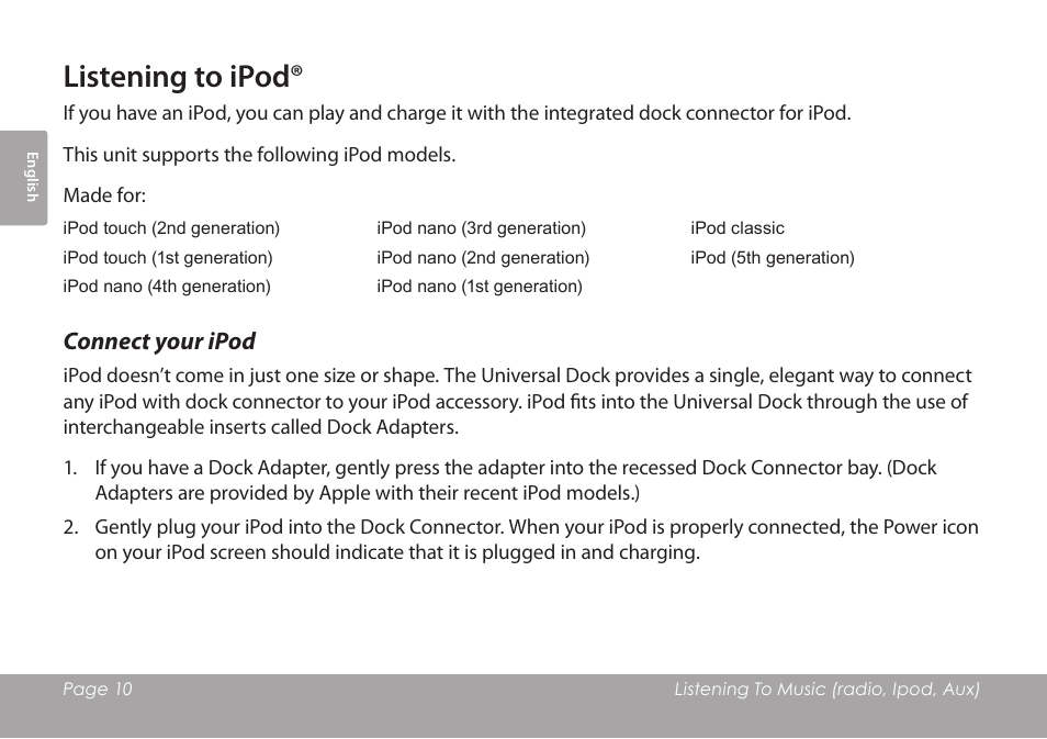 Listening to ipod, Connect your ipod | COBY electronic CSMP120 User Manual | Page 10 / 72