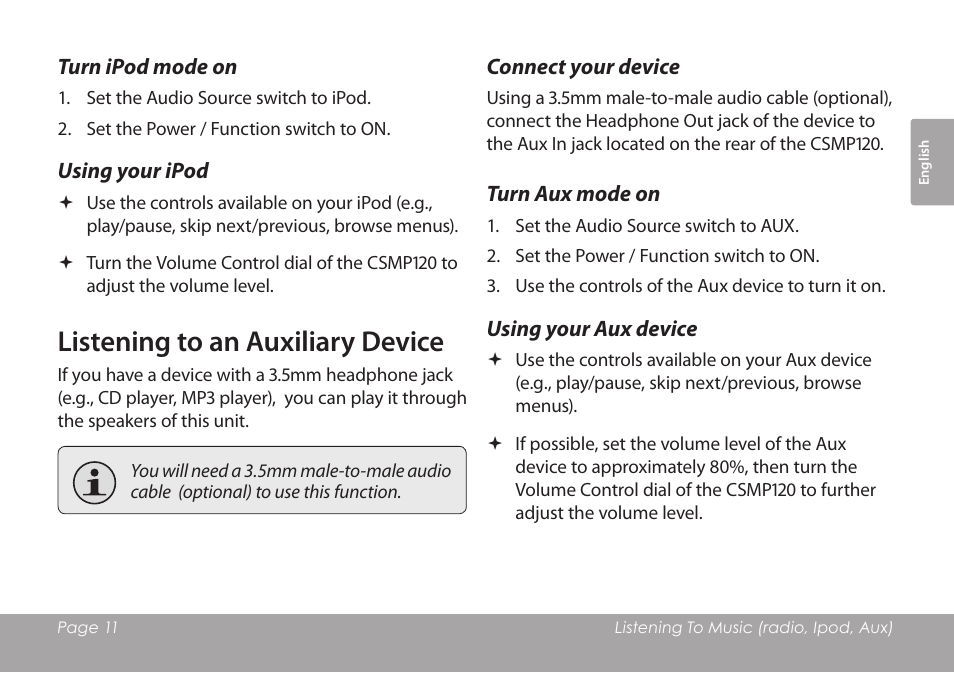 Turn ipod mode on, Using your ipod, Listening to an auxiliary device | Connect your device, Turn aux mode on, Using your aux device | COBY electronic CSMP120 User Manual | Page 11 / 72