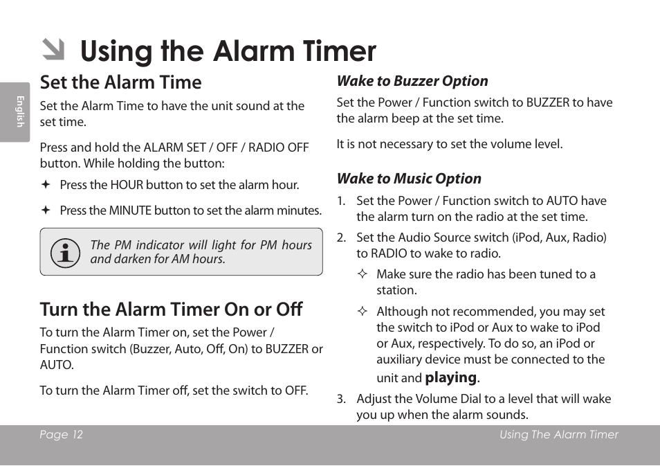 Using the alarm timer, Set the alarm time, Turn the alarm timer on or off | Wake to buzzer option, Wake to music option | COBY electronic CSMP120 User Manual | Page 12 / 72