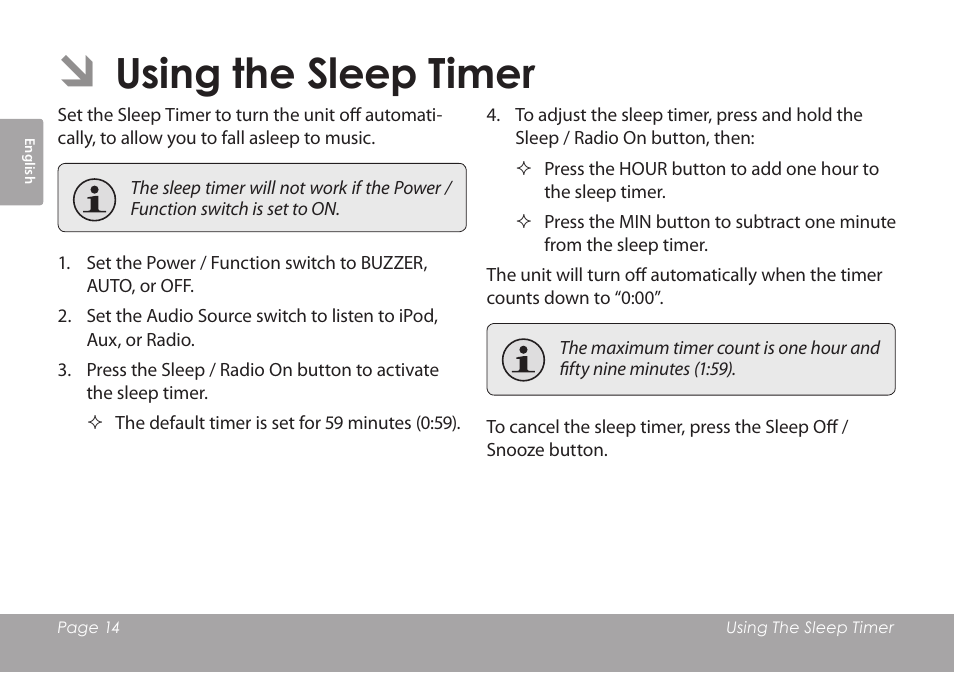 Using the sleep timer | COBY electronic CSMP120 User Manual | Page 14 / 72