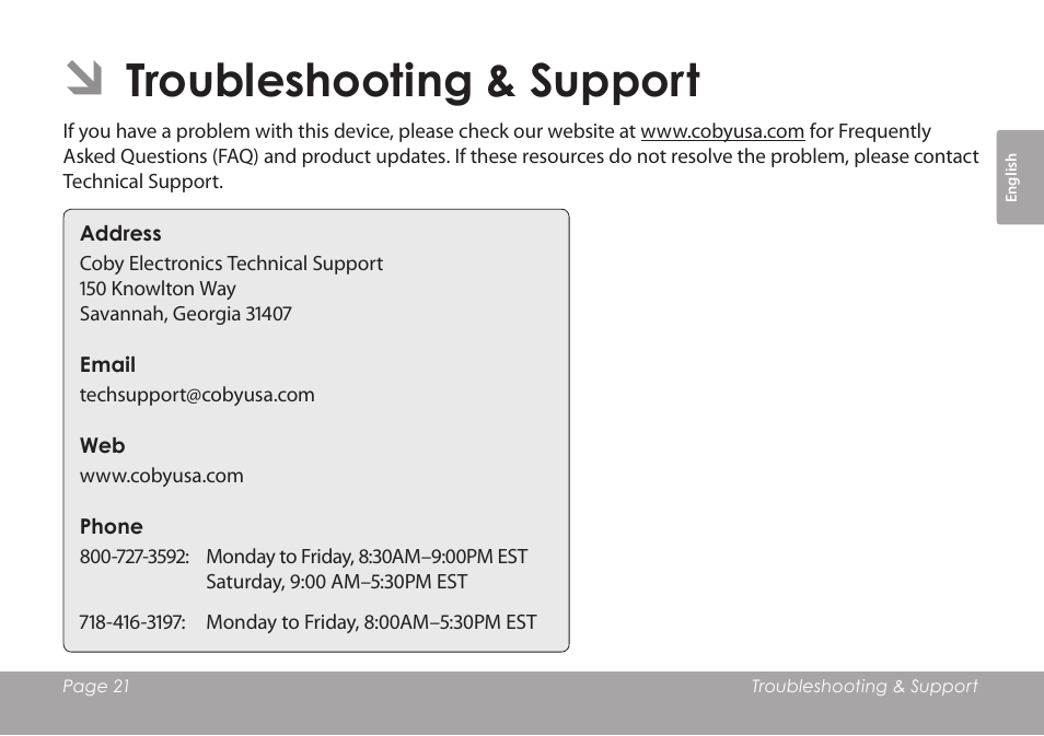 Troubleshooting & support | COBY electronic CSMP120 User Manual | Page 21 / 72