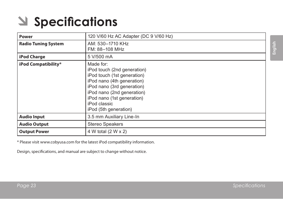 Specifications | COBY electronic CSMP120 User Manual | Page 23 / 72