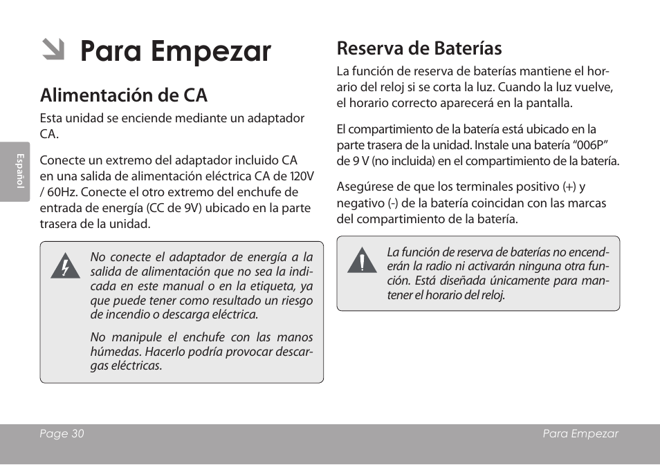 Para empezar, Alimentación de ca, Reserva de baterías | COBY electronic CSMP120 User Manual | Page 30 / 72