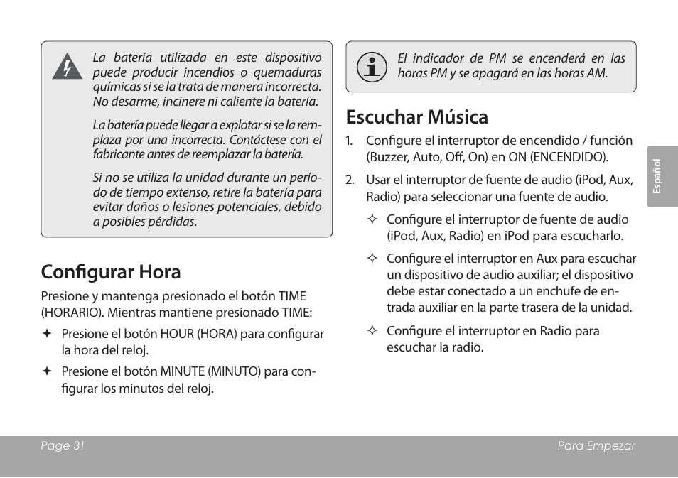 Configurar hora, Escuchar música | COBY electronic CSMP120 User Manual | Page 31 / 72