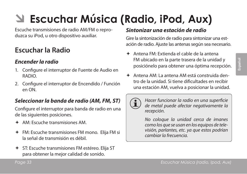 Escuchar música (radio, ipod, aux), Escuchar la radio, Encender la radio | Seleccionar la banda de radio (am, fm, st), Sintonizar una estación de radio | COBY electronic CSMP120 User Manual | Page 33 / 72