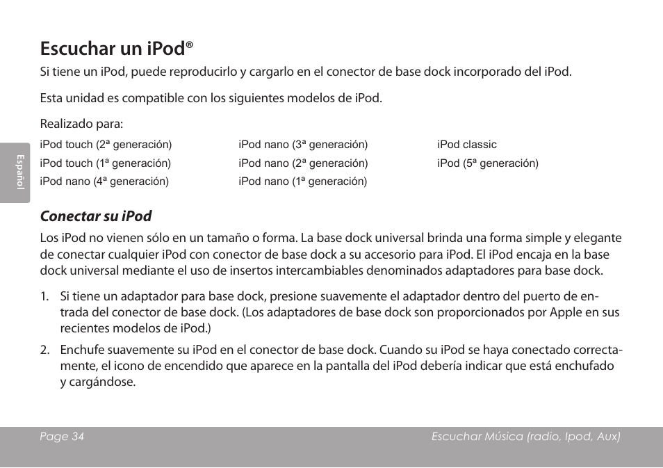 Escuchar un ipod, Conectar su ipod | COBY electronic CSMP120 User Manual | Page 34 / 72